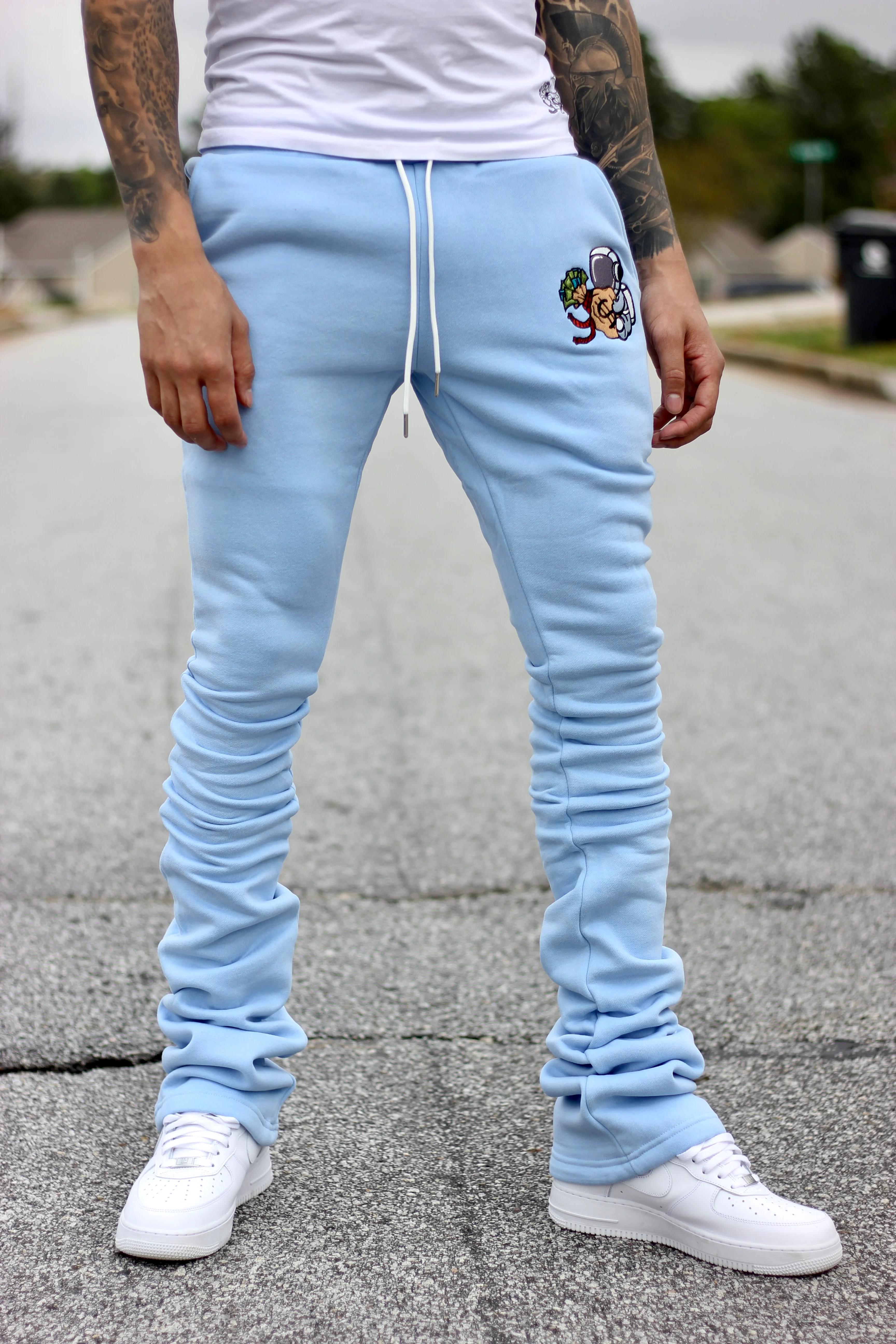 Super Stacked Baby Blue Joggers - Image 4