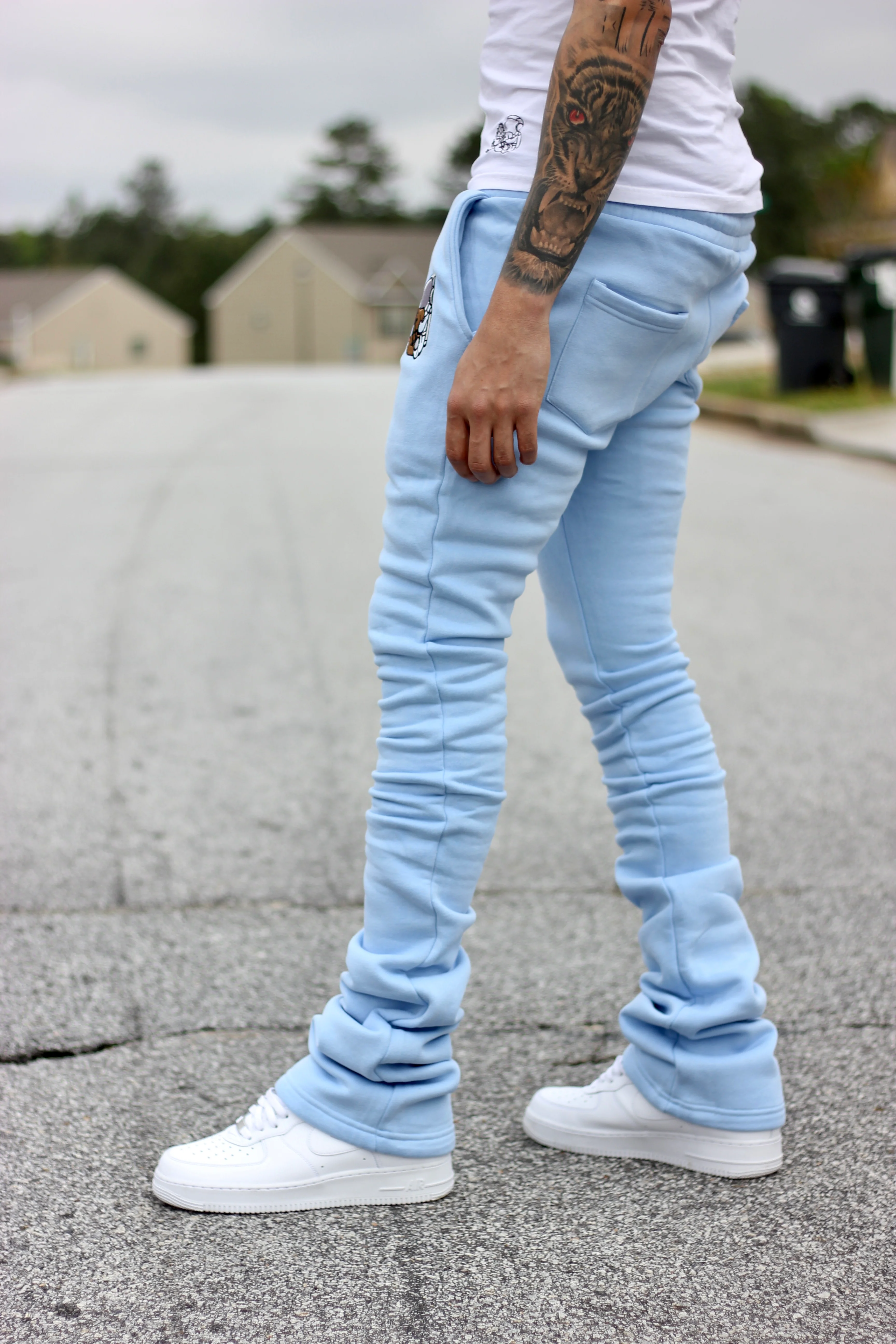 Super Stacked Baby Blue Joggers - Image 5