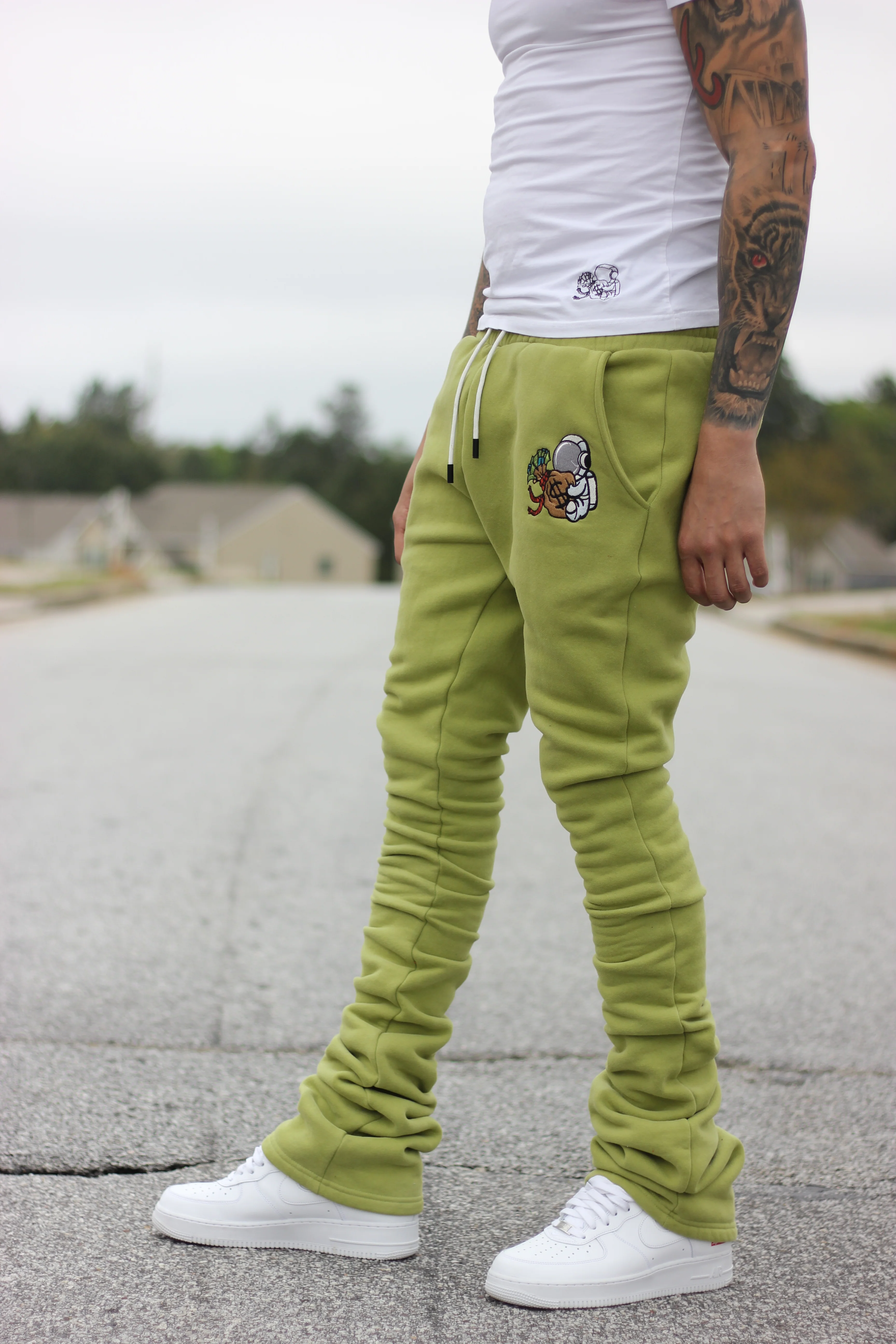 Super Stacked Olive Green Joggers - Image 4