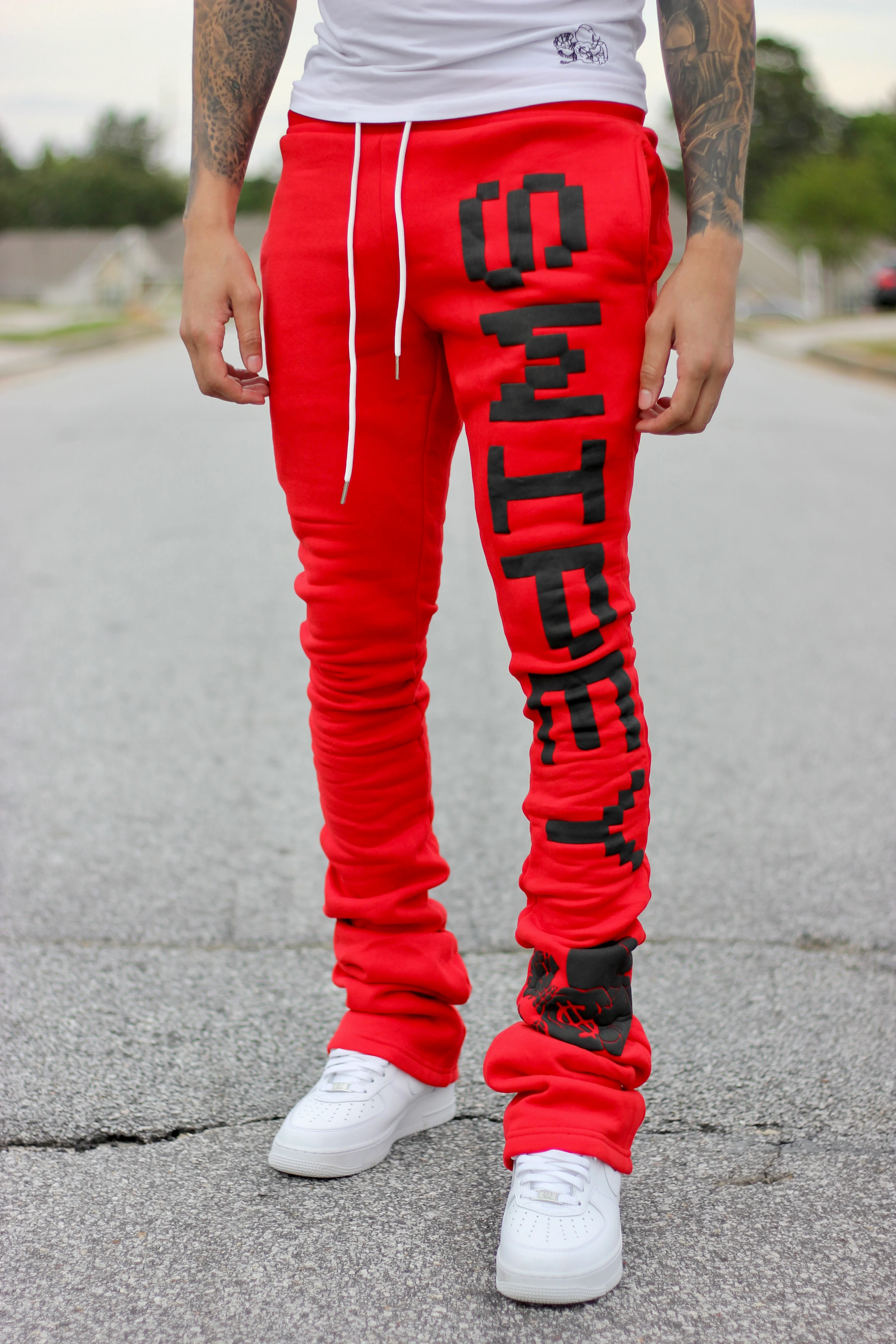 Super Stacked Red Printed Joggers - Image 4