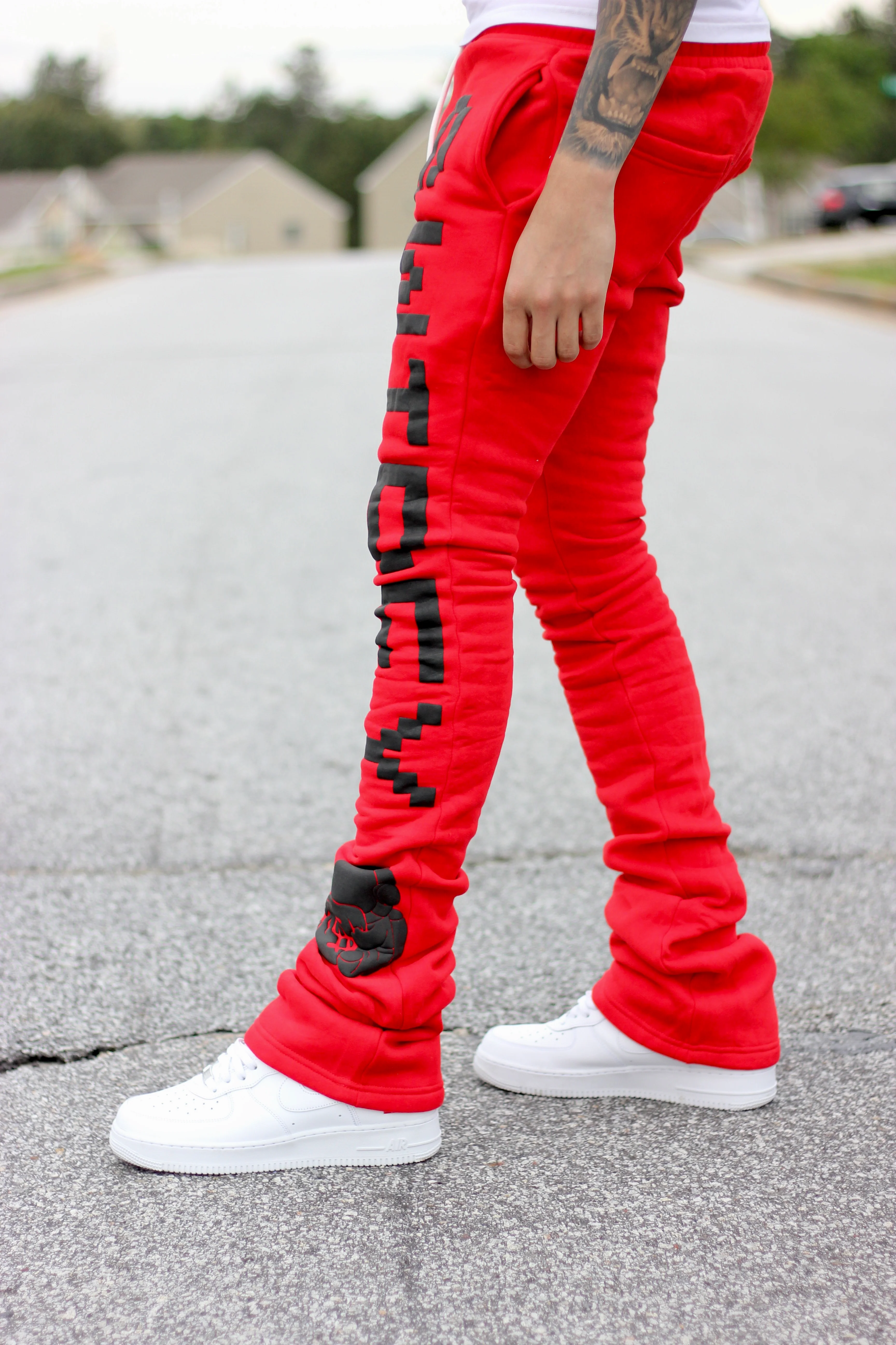 Super Stacked Red Printed Joggers - Image 5