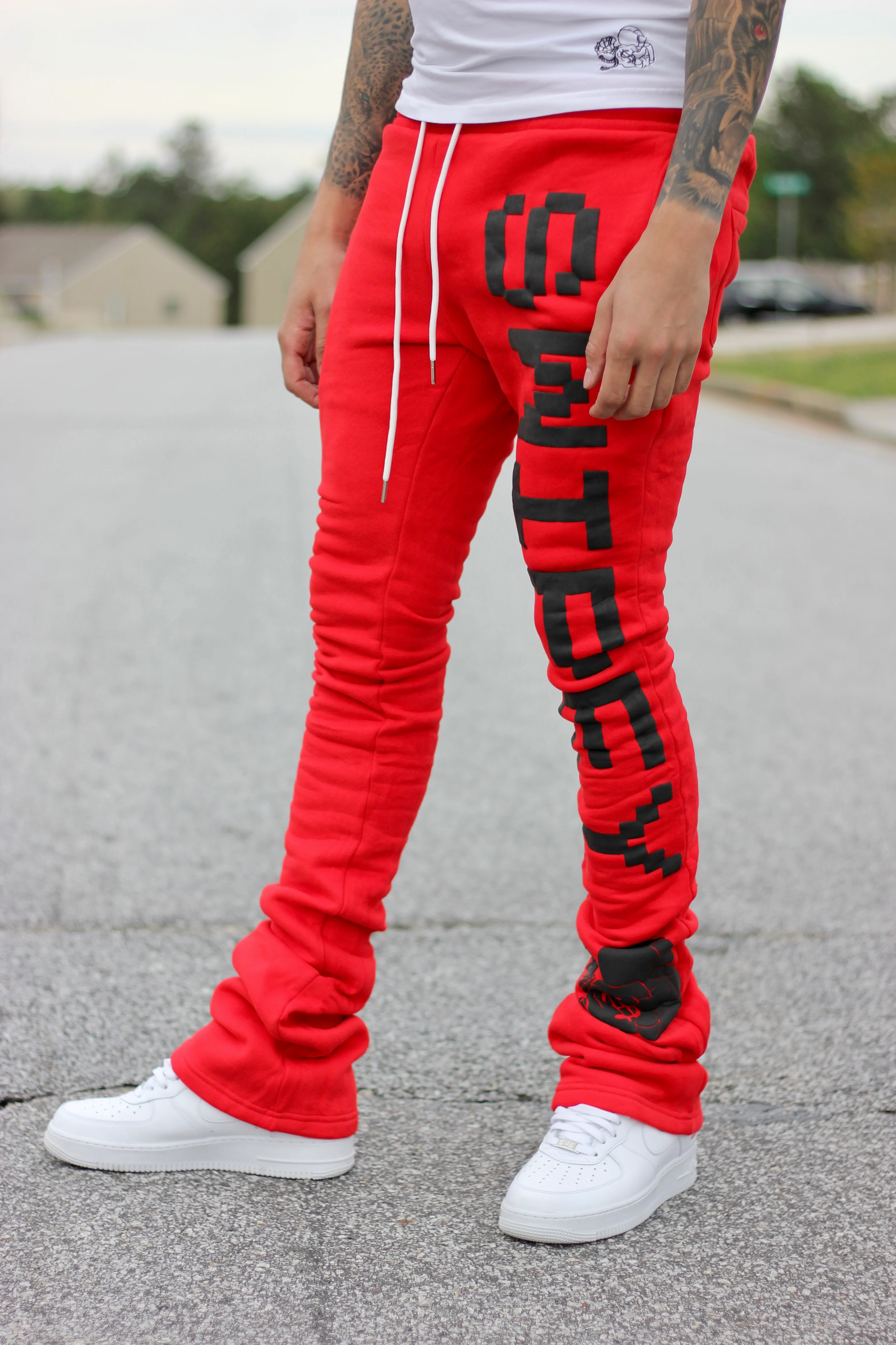 Super Stacked Red Printed Joggers - Image 6