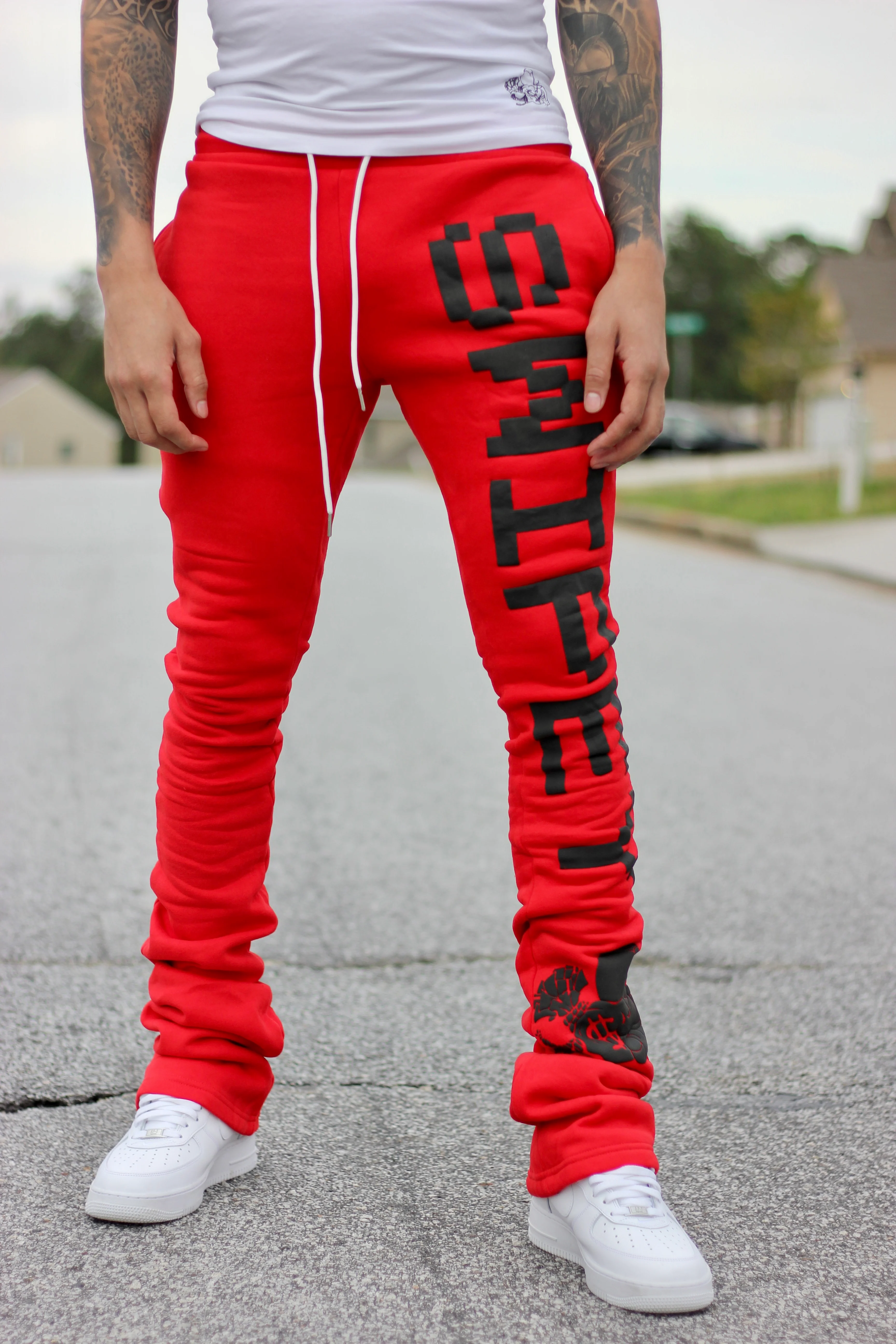 Super Stacked Red Printed Joggers - Image 8