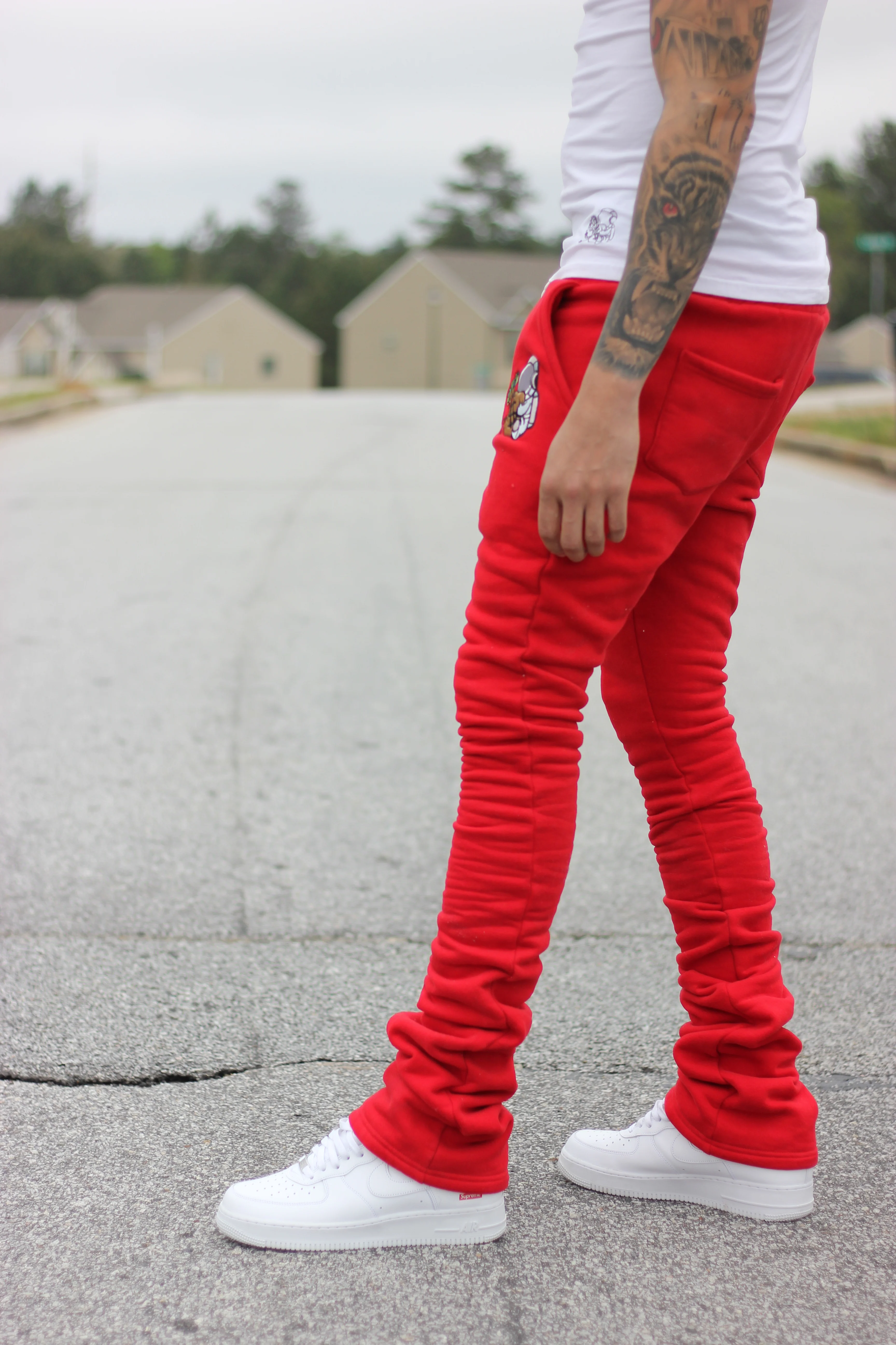 Super Stacked Red Joggers - Image 6